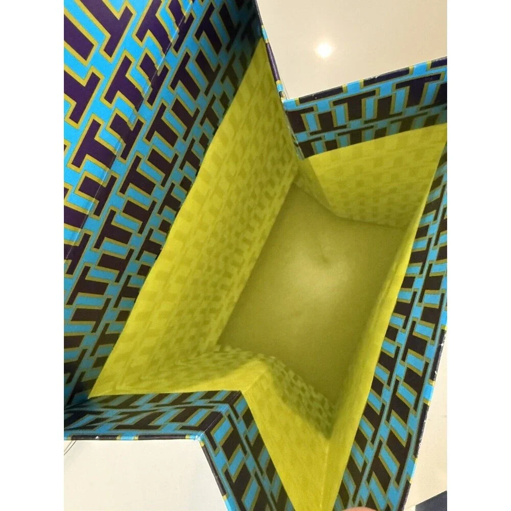 Tory Burch Blue Lime Geometric Gift Bag 13x7x5‎ Tall Decor Flap Closure EUC